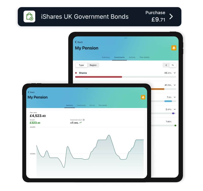 Wealthify performance and investments dashboards on iPhone, showing a plan with healthy performance and stocks categorised by stock type and region.