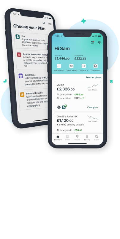Wealthify app showing screen to choose a plan, including ISA, General Investment Account, Junior ISA and Personal Pension.
