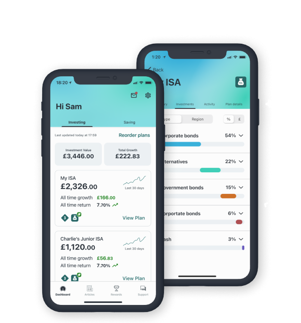 Wealthify performance and investments dashboards on iPhone, showing a plan with healthy performance and stocks categorised by stock type and region. Information provided does not show actual performance and is not intended to show potential investment growth.